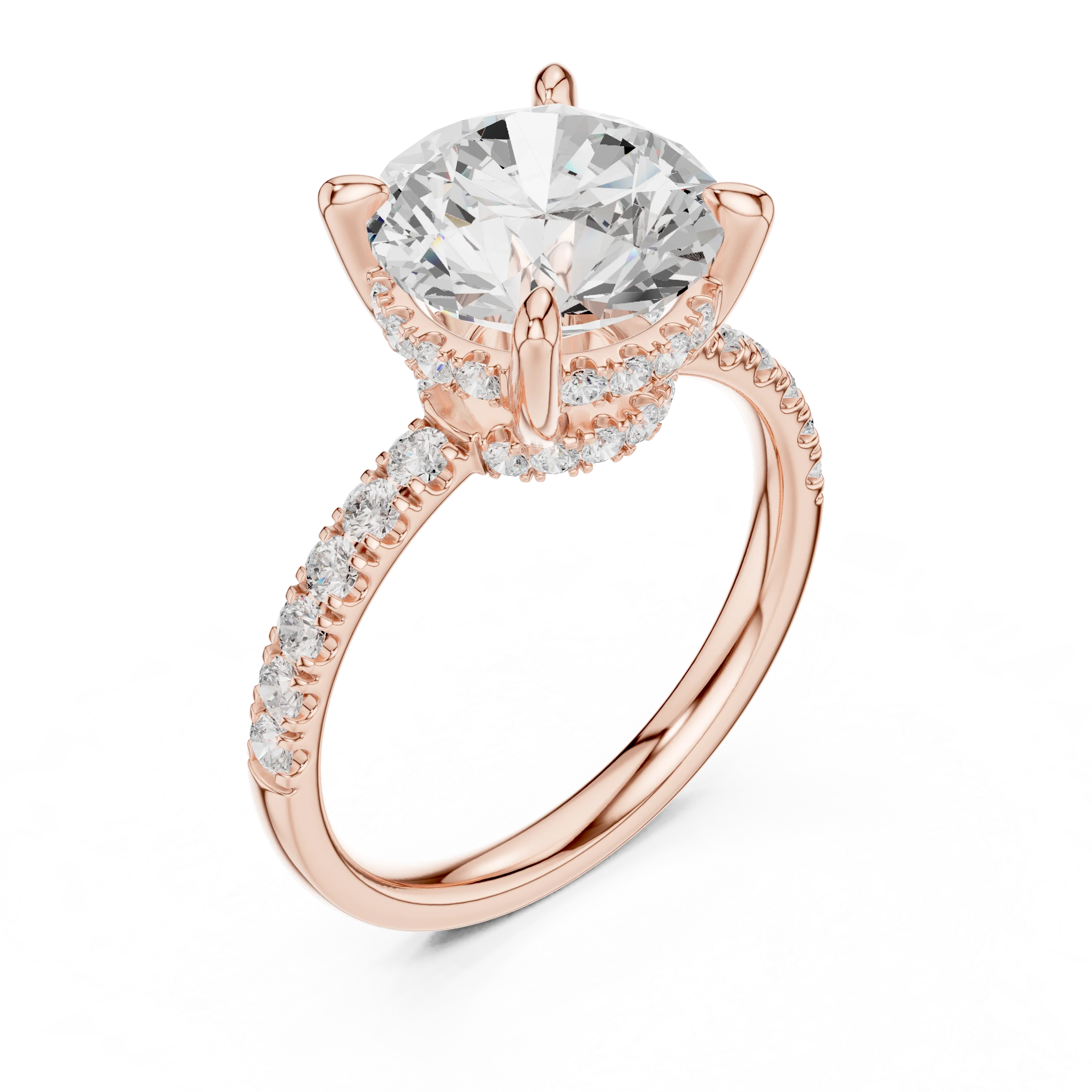 Round Diamond Hidden Halo Engagement Ring with Pave Band