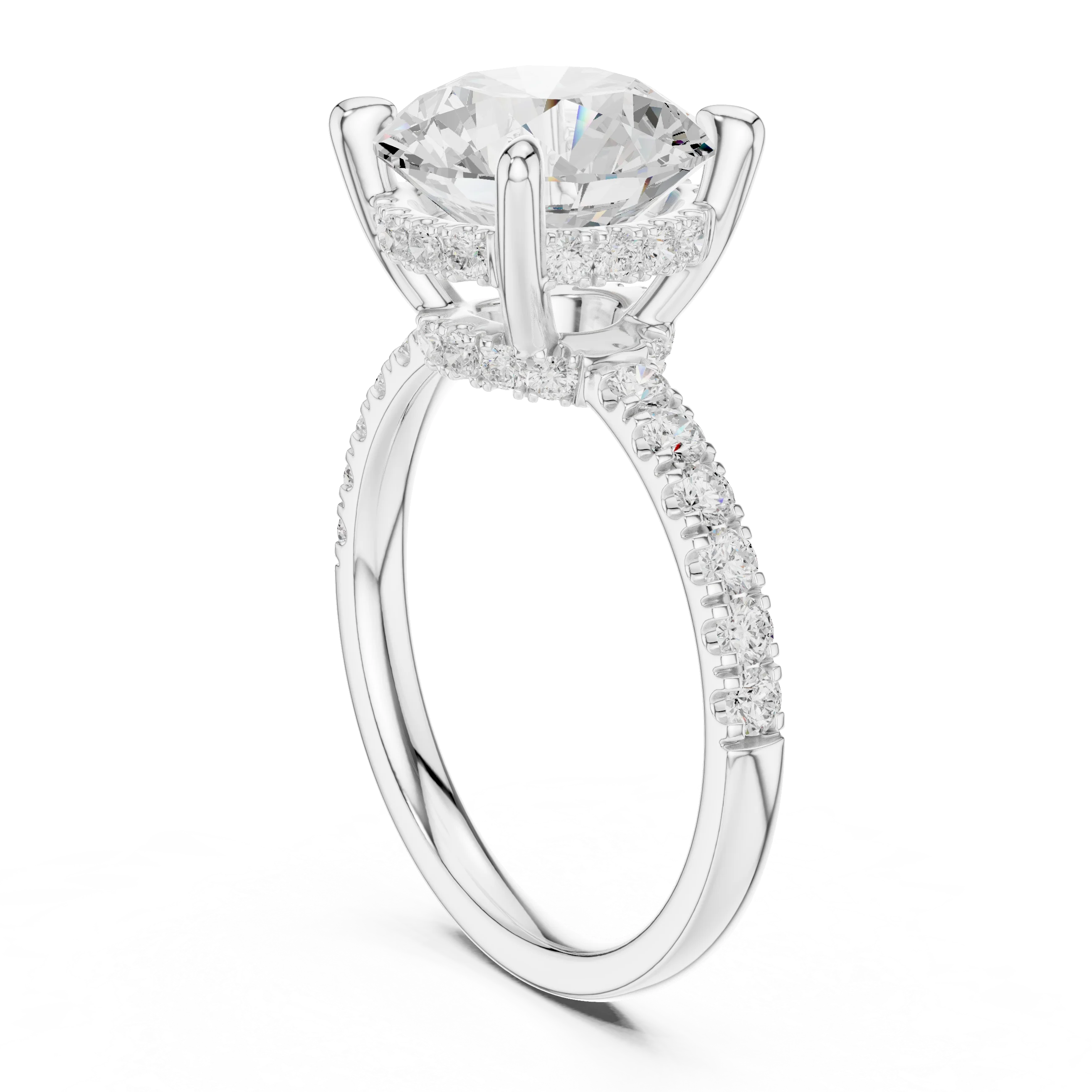 Round Diamond Hidden Halo Engagement Ring with Pave Band