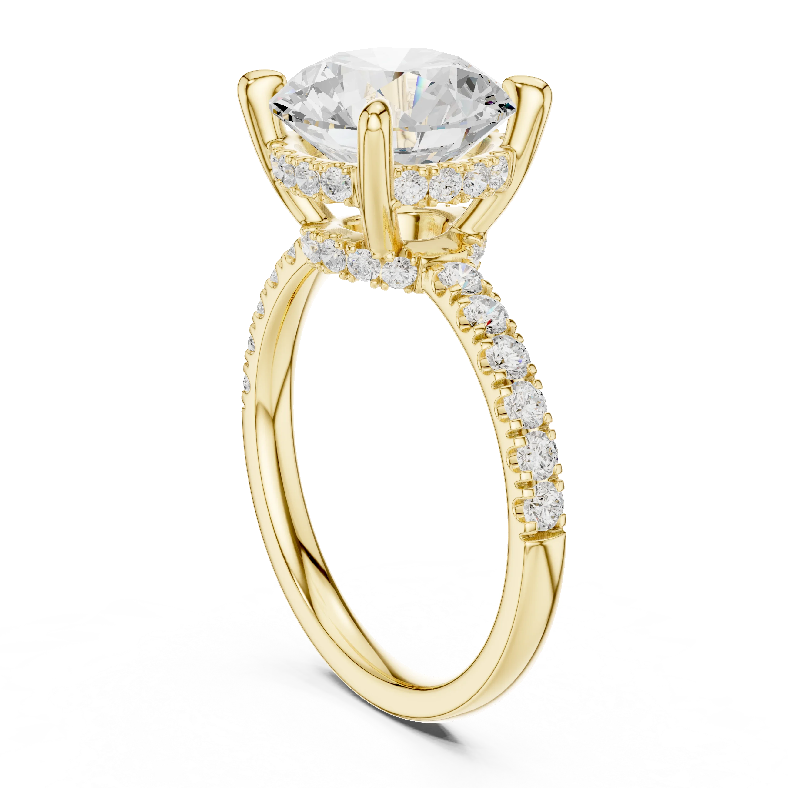 Round Diamond Hidden Halo Engagement Ring with Pave Band