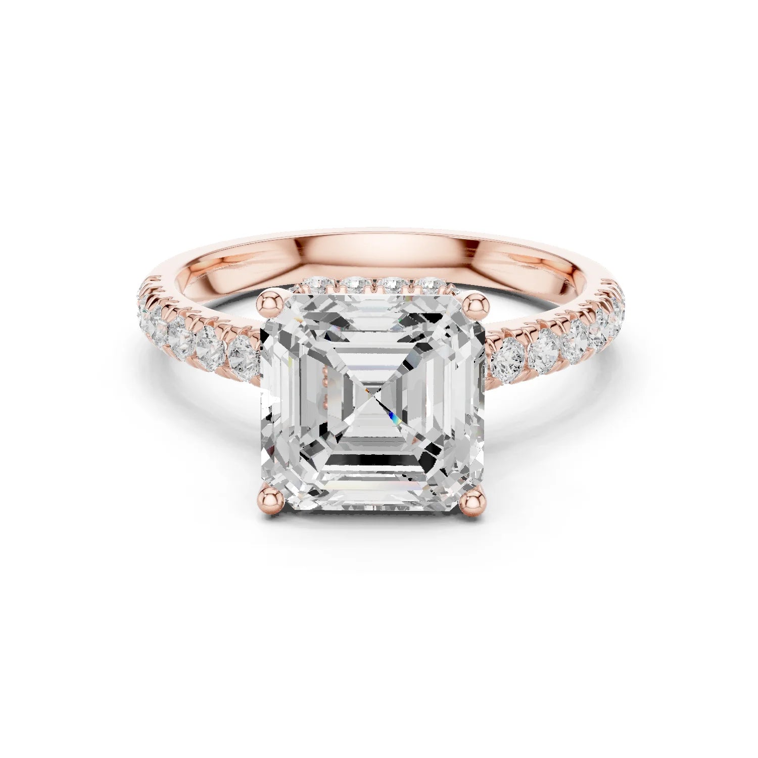 Asscher Cut Diamond Hidden Halo Engagement Ring with Pave Band
