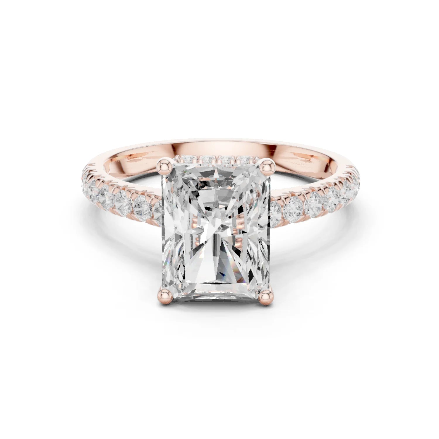 Radiant Cut Diamond Hidden Halo Engagement Ring with Pave Band