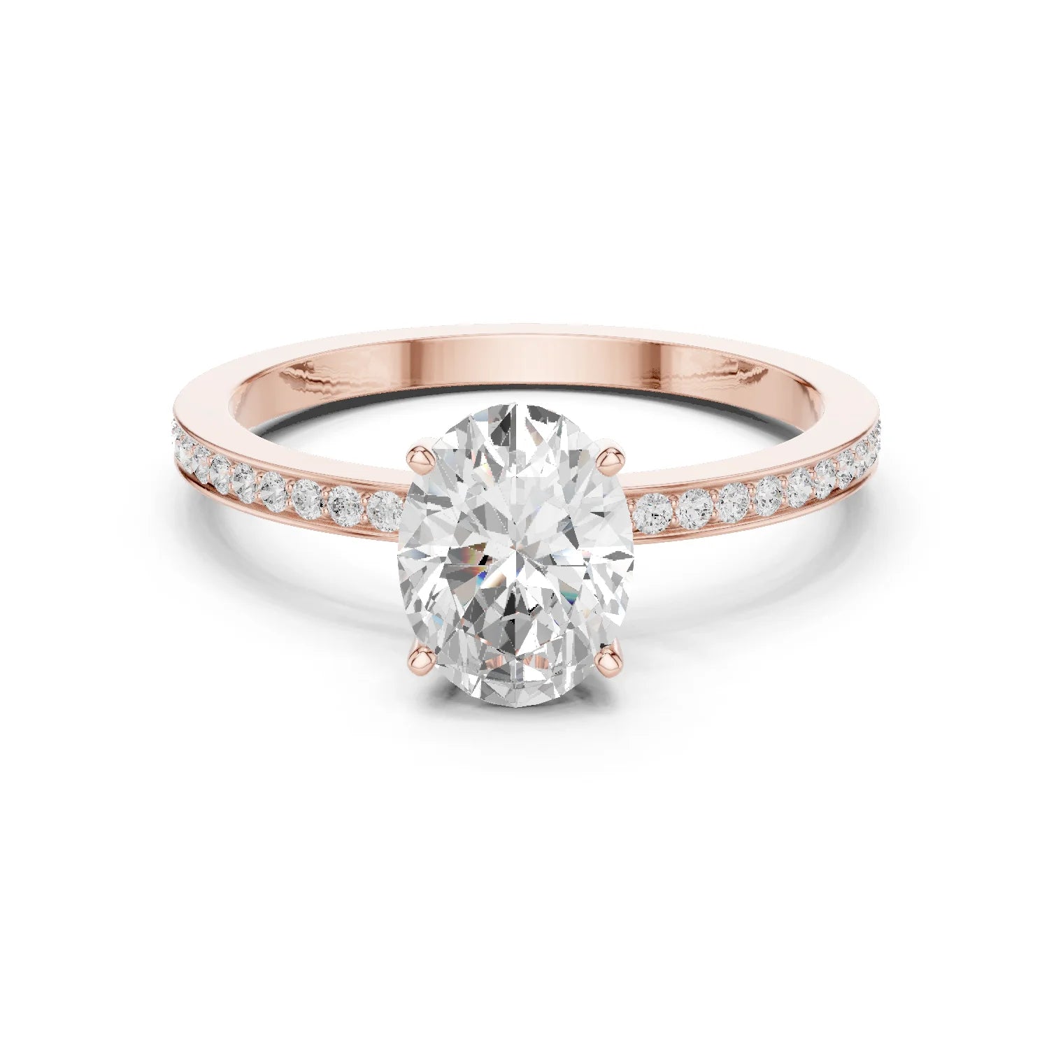 Oval-Cut Diamond Hidden Halo Engagement Ring with Pave Band