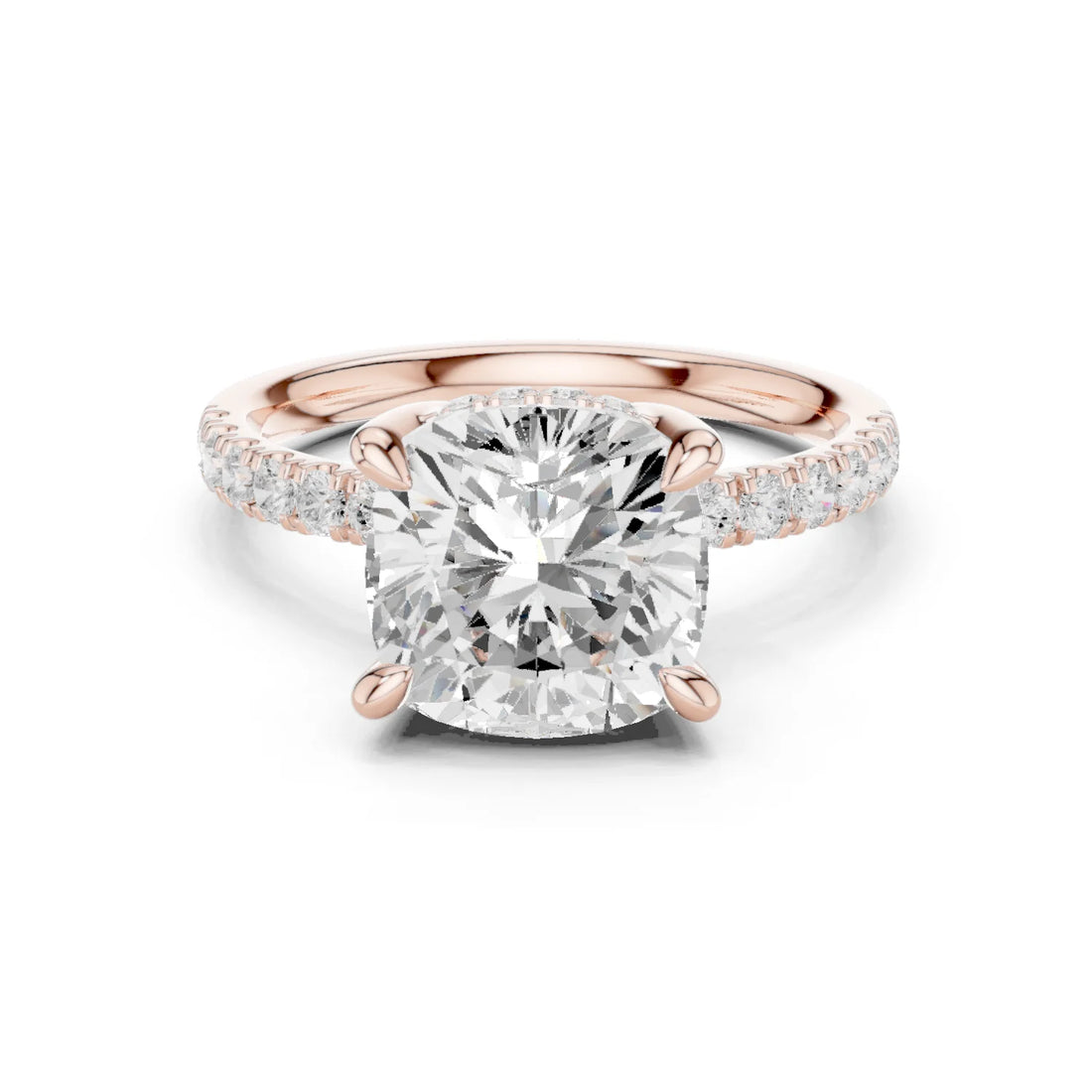 Cushion Diamond Hidden Halo Engagement Ring with Pave Band