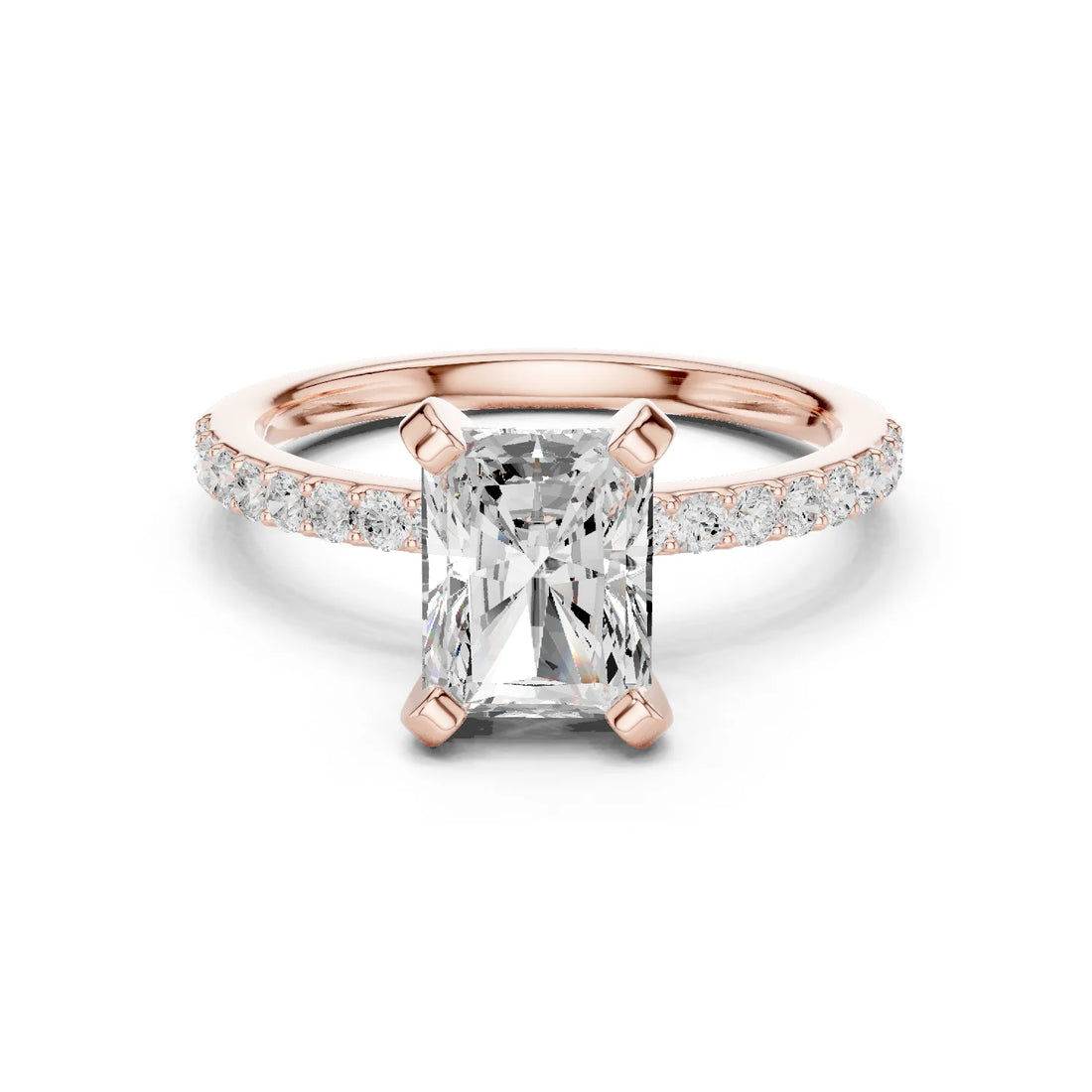 Radiant Cut Diamond Pave Band Solitaire Engagement Ring