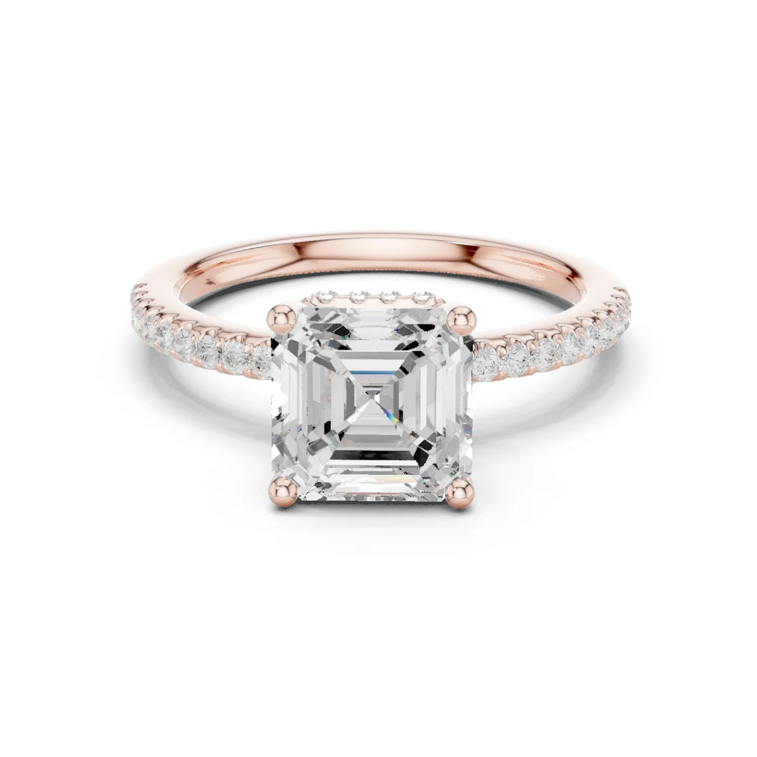 Hidden Halo Asscher Cut Diamond Engagement Ring With Pave Band