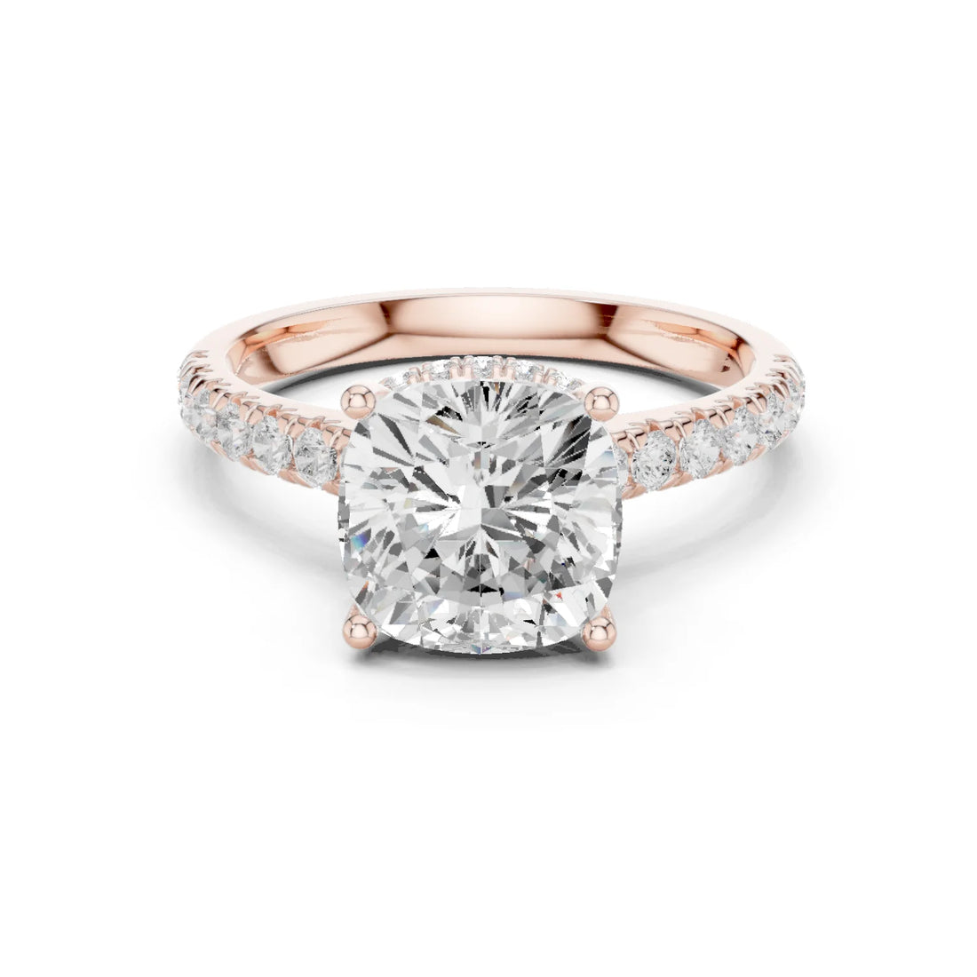 Cushion Cut Diamond Hidden Halo Engagement Ring with Pave Band