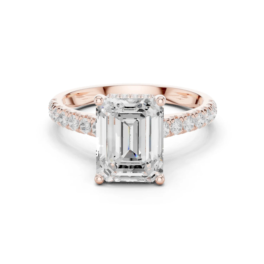 Emerald Cut Diamond Hidden Halo Engagement Ring with Pave Band