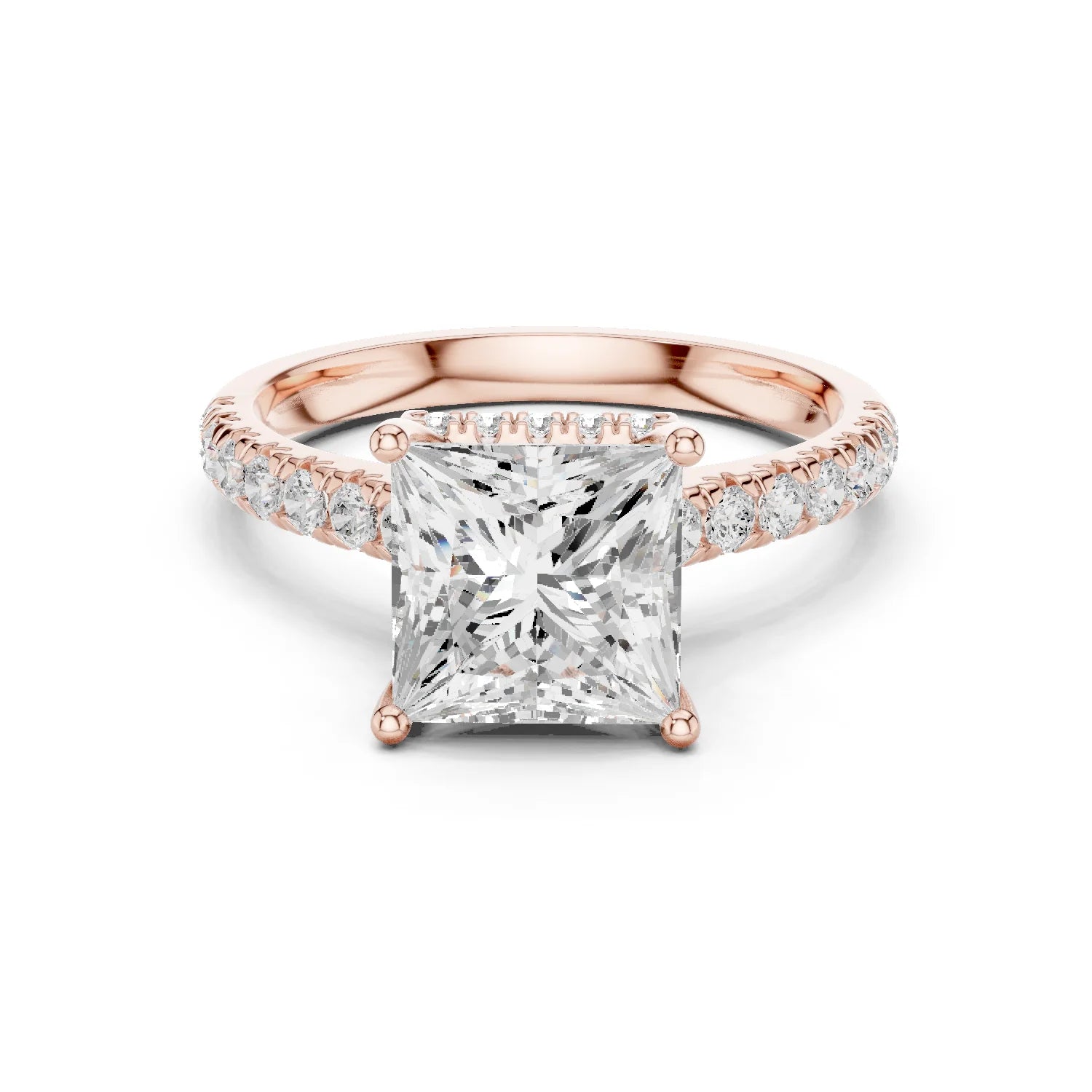 Princess Cut Diamond Hidden Halo Engagement Ring with Pave Band