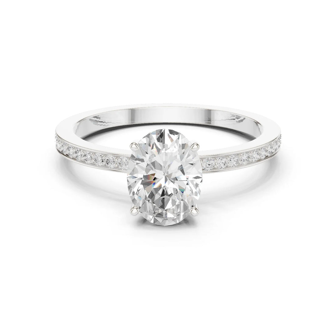 Oval-Cut Diamond Hidden Halo Engagement Ring with Pave Band