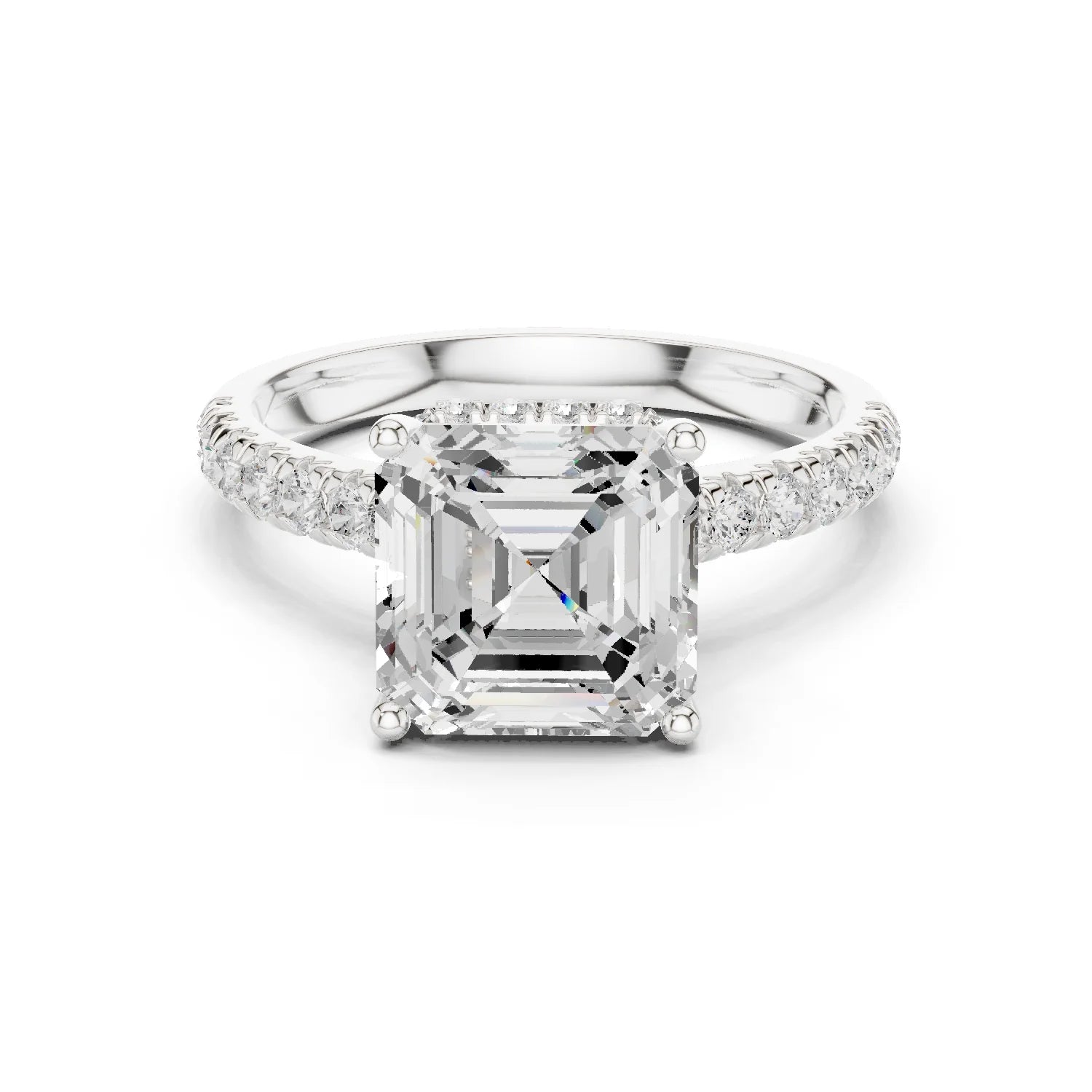 Asscher Cut Diamond Hidden Halo Engagement Ring with Pave Band