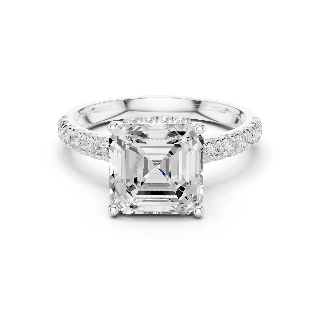Asscher Cut Diamond Hidden Halo Engagement Ring with Pave Band