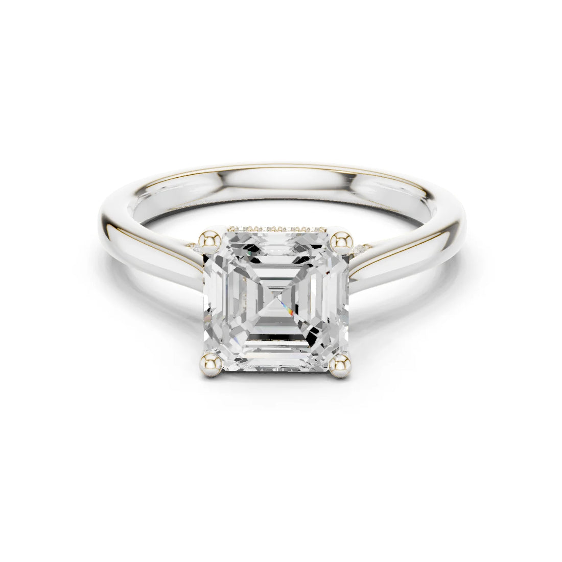 Asscher Cut Diamond Hidden Halo Engagement Ring With Cathedral Pave