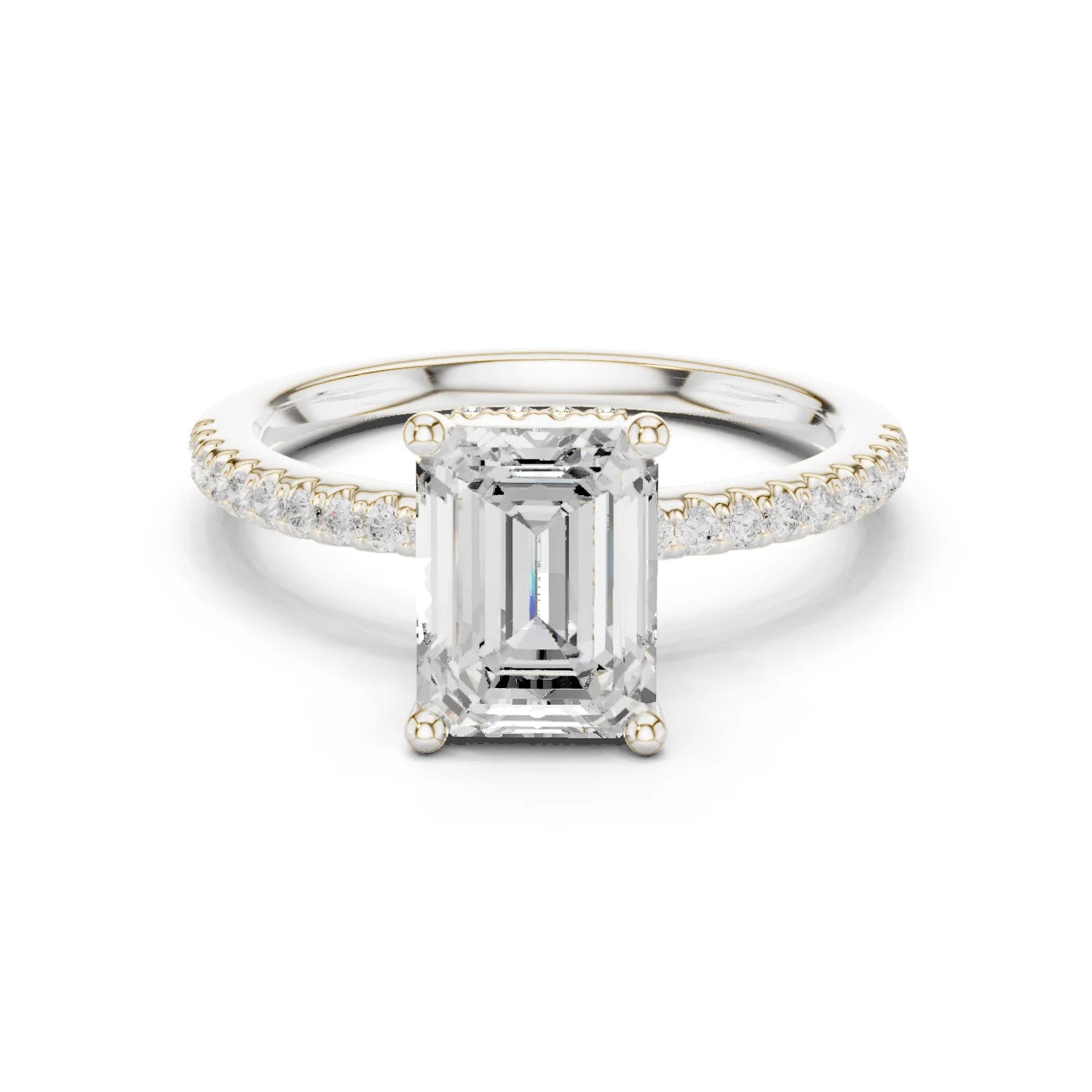 Hidden Halo Emerald Cut Diamond Engagement Ring With Pave Band