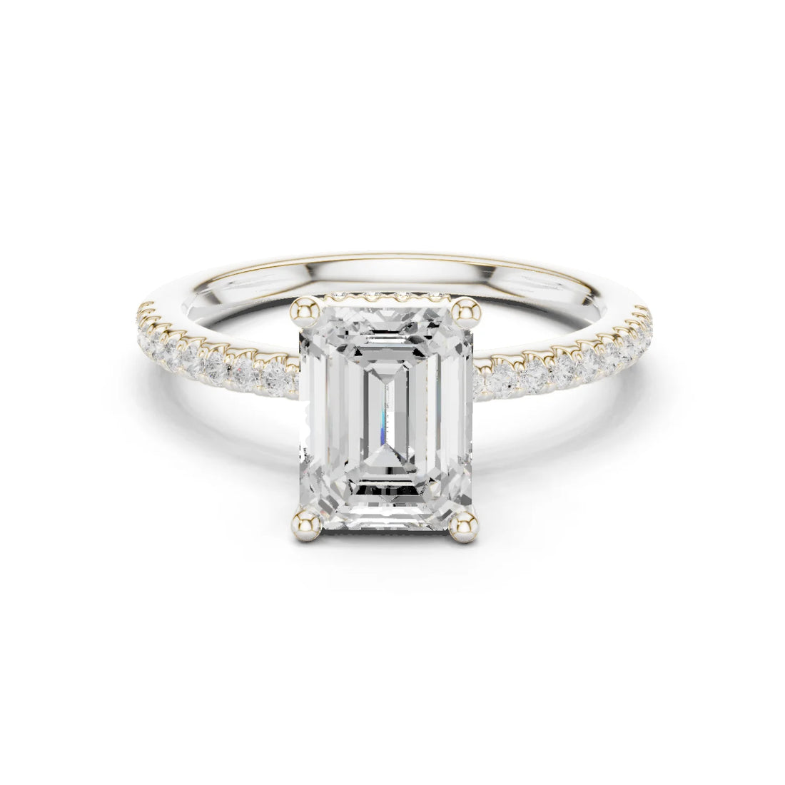 Hidden Halo Emerald Cut Diamond Engagement Ring With Pave Band