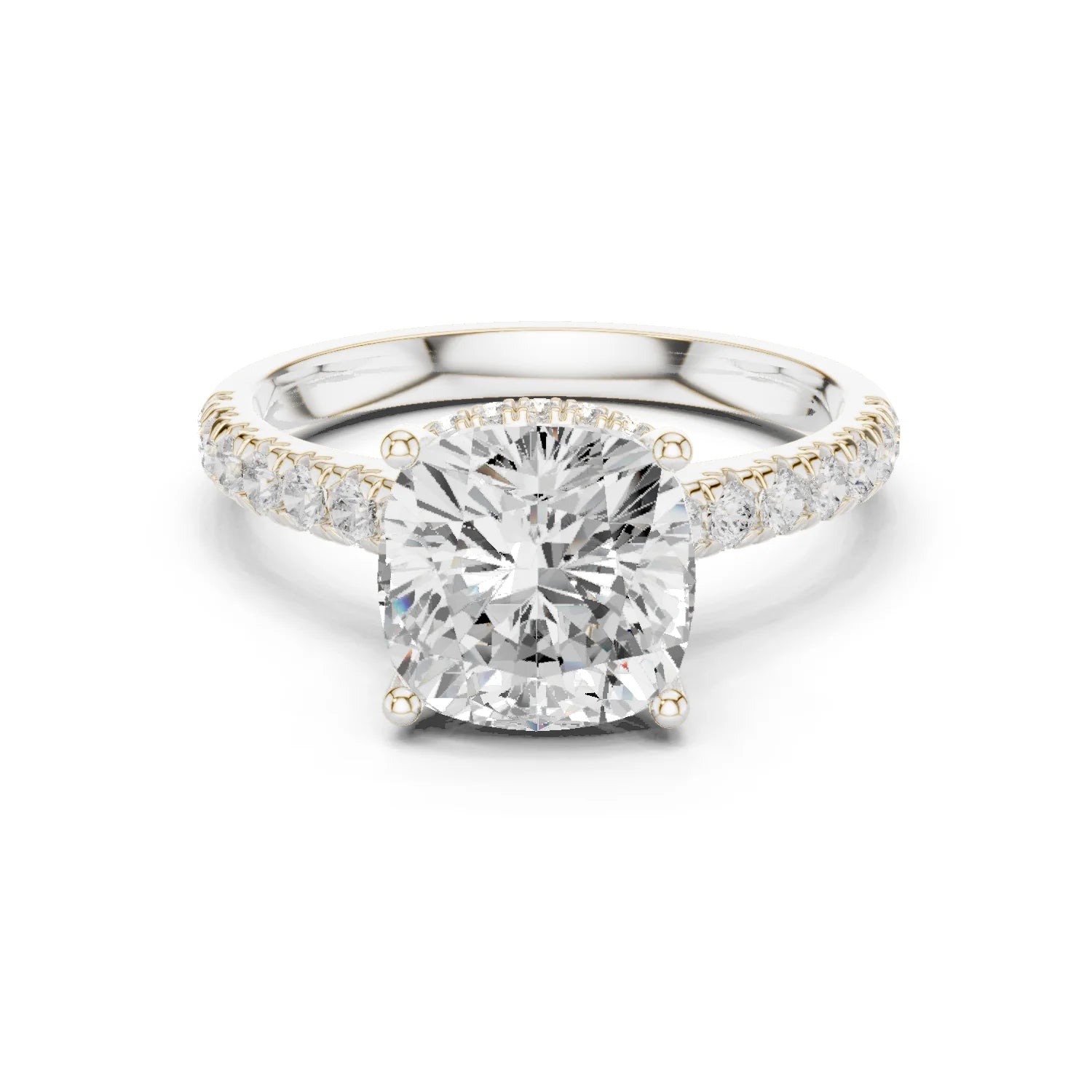 Cushion Cut Diamond Hidden Halo Engagement Ring with Pave Band