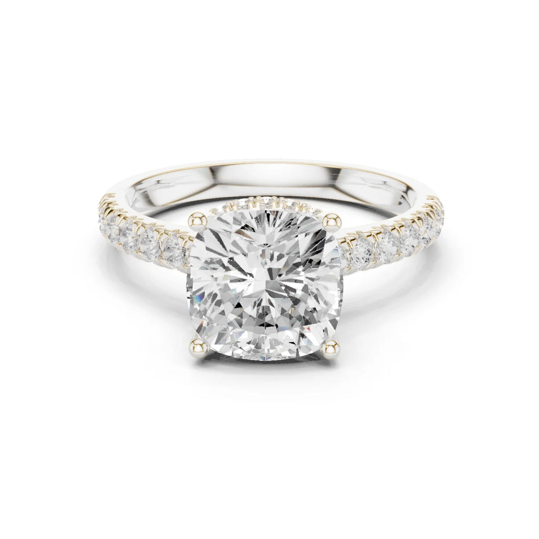 Cushion Cut Diamond Hidden Halo Engagement Ring with Pave Band