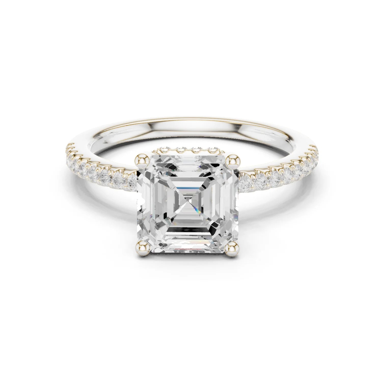 Hidden Halo Asscher Cut Diamond Engagement Ring With Pave Band