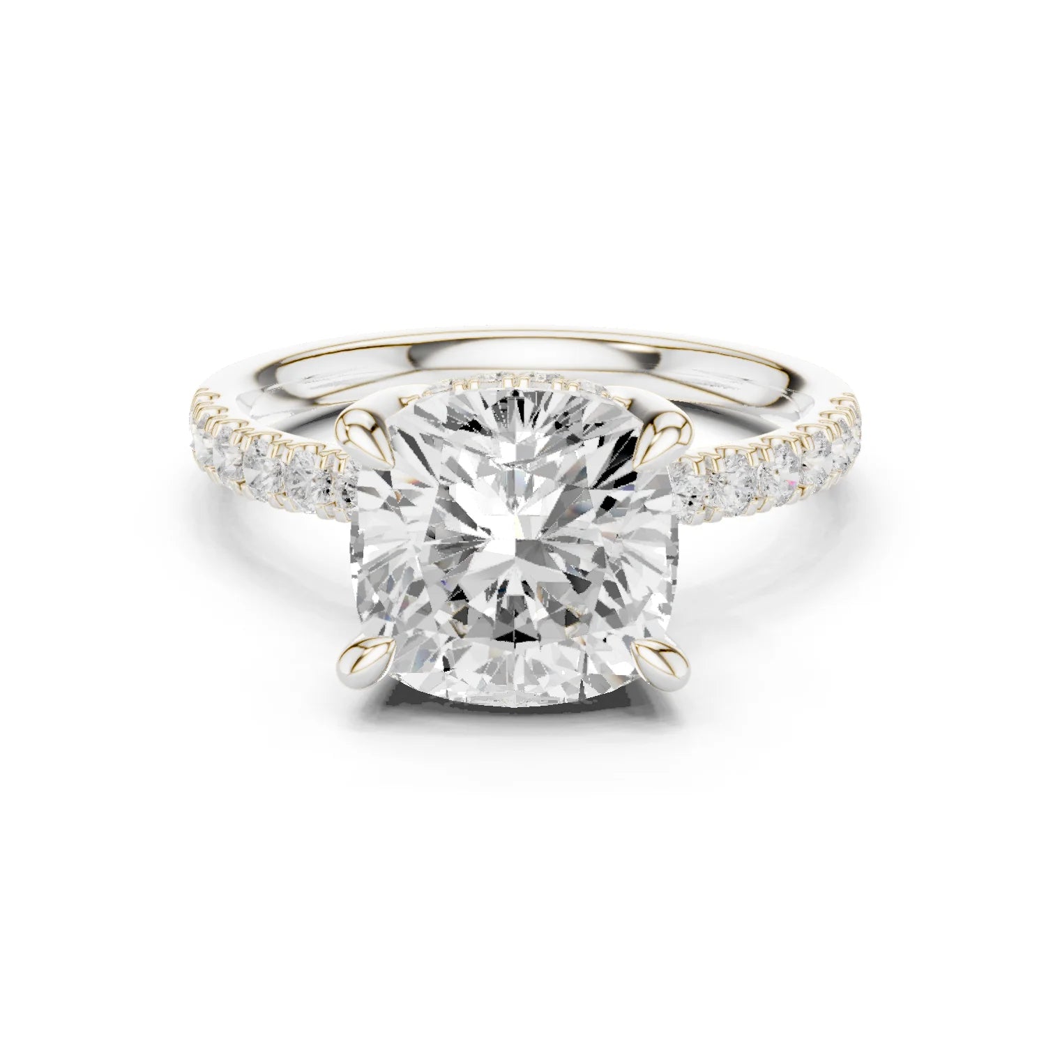 Cushion Diamond Hidden Halo Engagement Ring with Pave Band