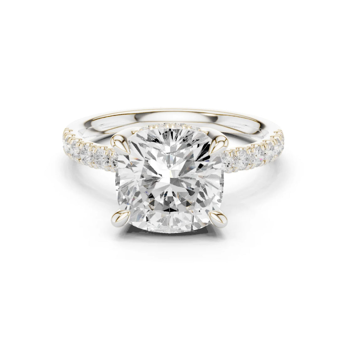 Cushion Diamond Hidden Halo Engagement Ring with Pave Band
