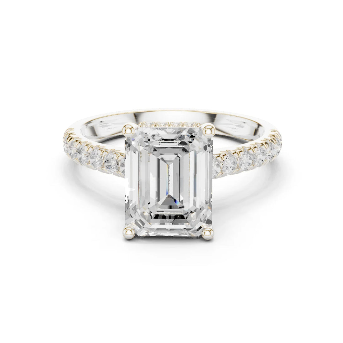 Emerald Cut Diamond Hidden Halo Engagement Ring with Pave Band