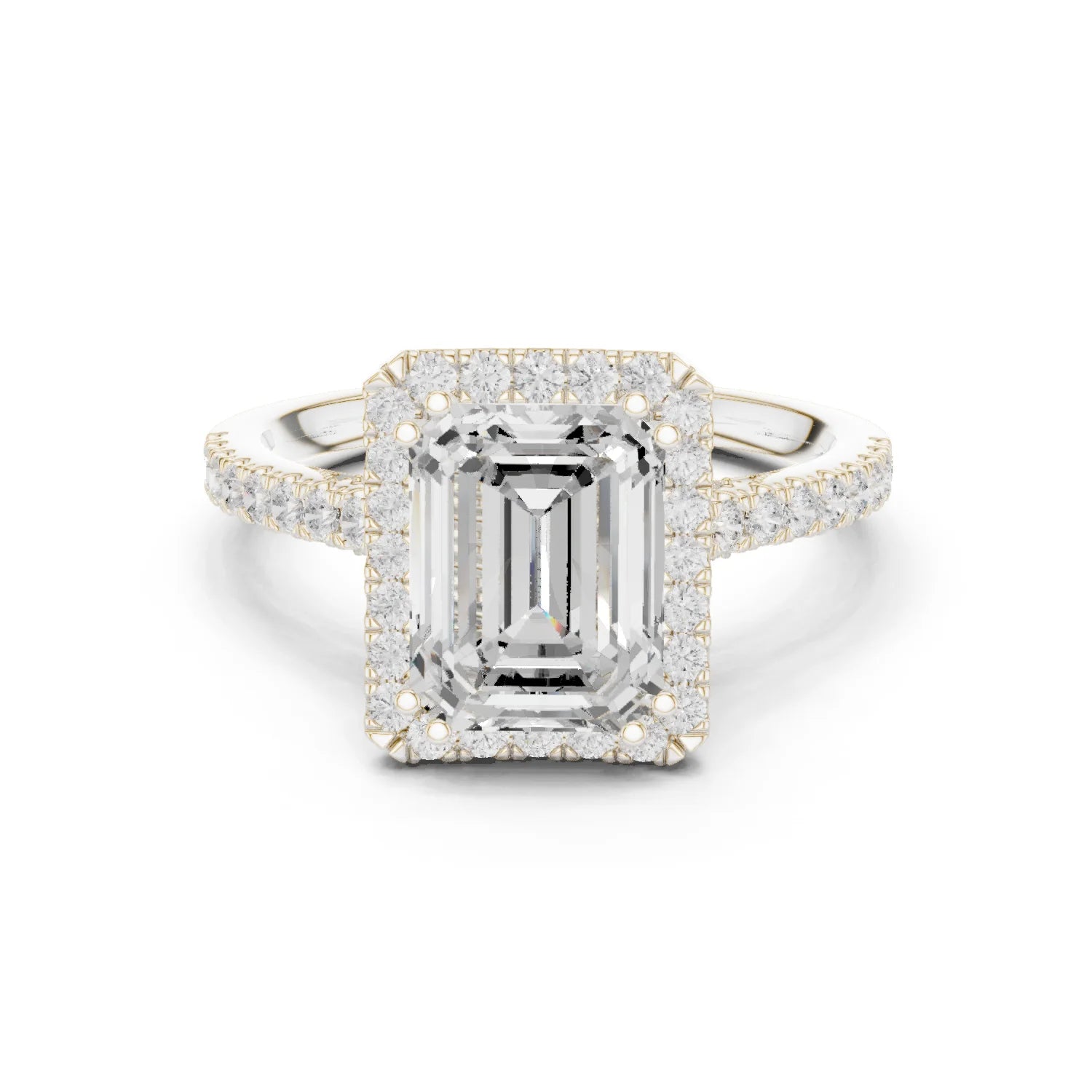 Emerald Cut Diamond Halo Engagement Ring with Pave Band