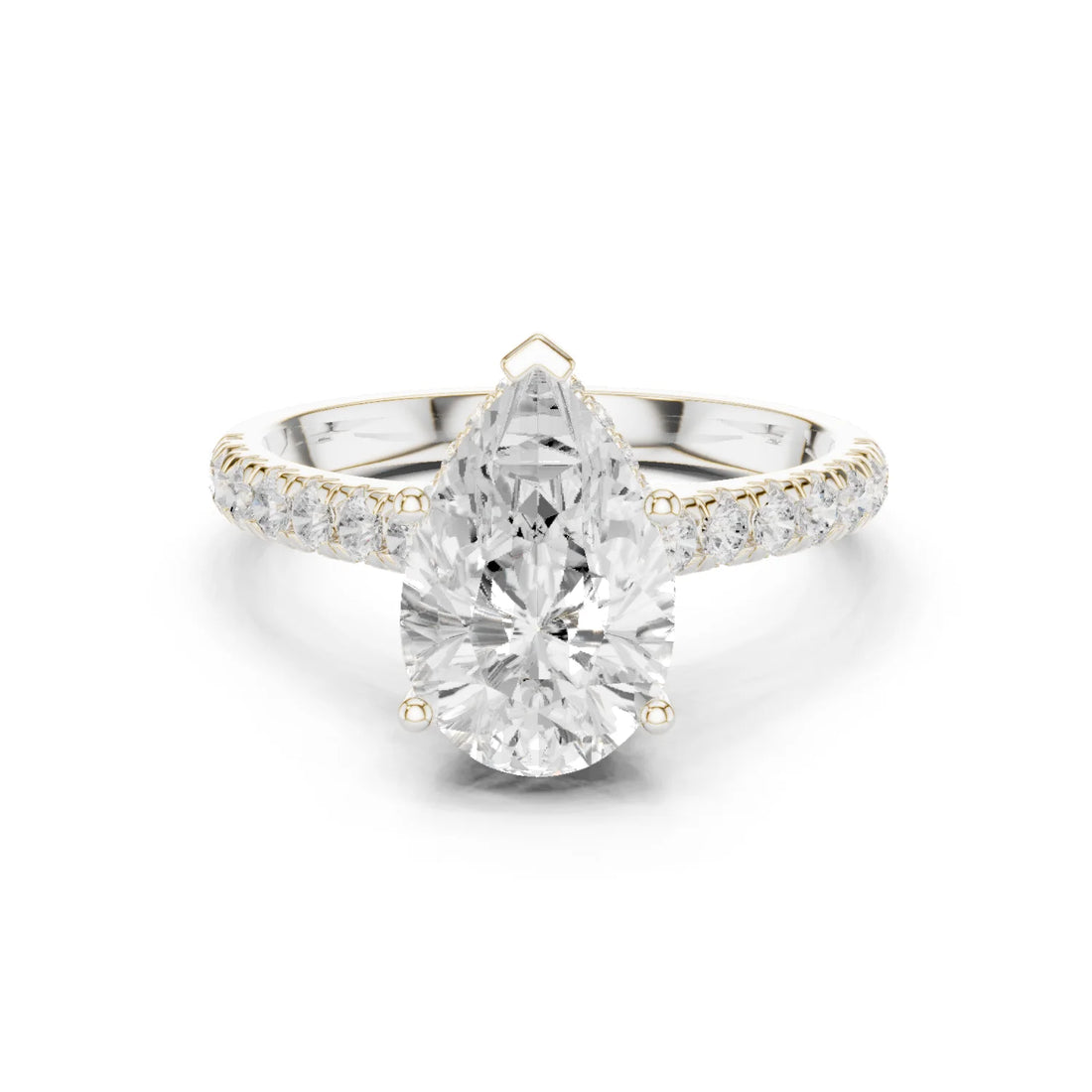 Pear Cut Diamond Hidden Halo Engagement Ring with Pave Band
