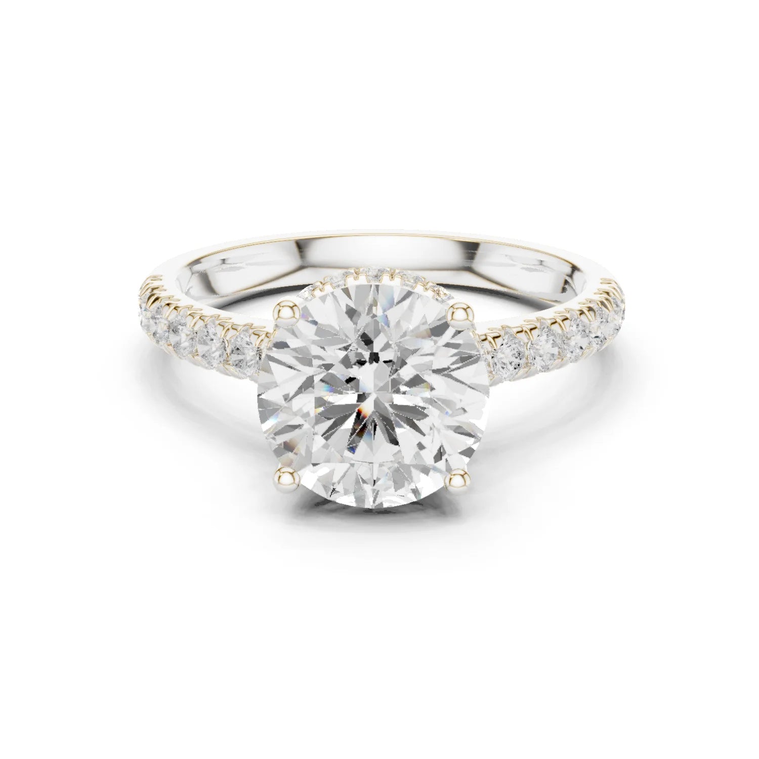 Round Cut Diamond Hidden Halo Engagement Ring with Pave Band