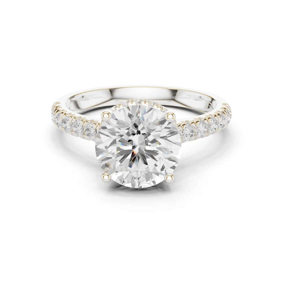 Round Cut Diamond Hidden Halo Engagement Ring with Pave Band