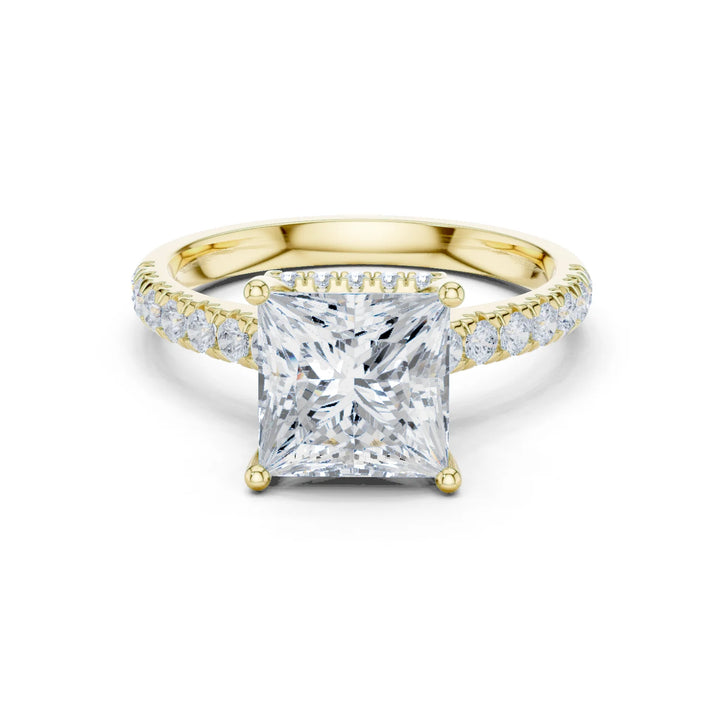 Princess Cut Diamond Hidden Halo Engagement Ring with Pave Band