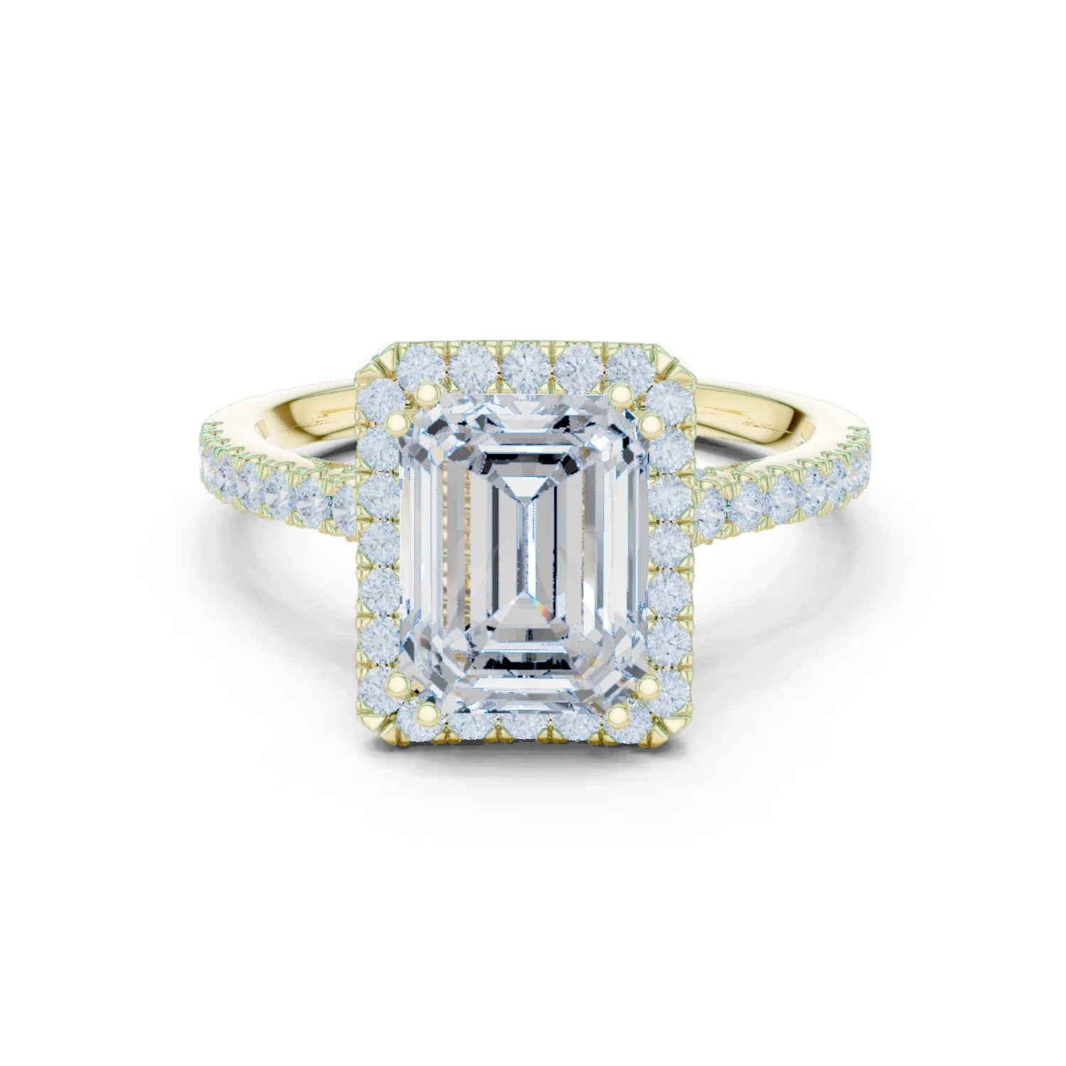 Emerald Cut Diamond Halo Engagement Ring with Pave Band