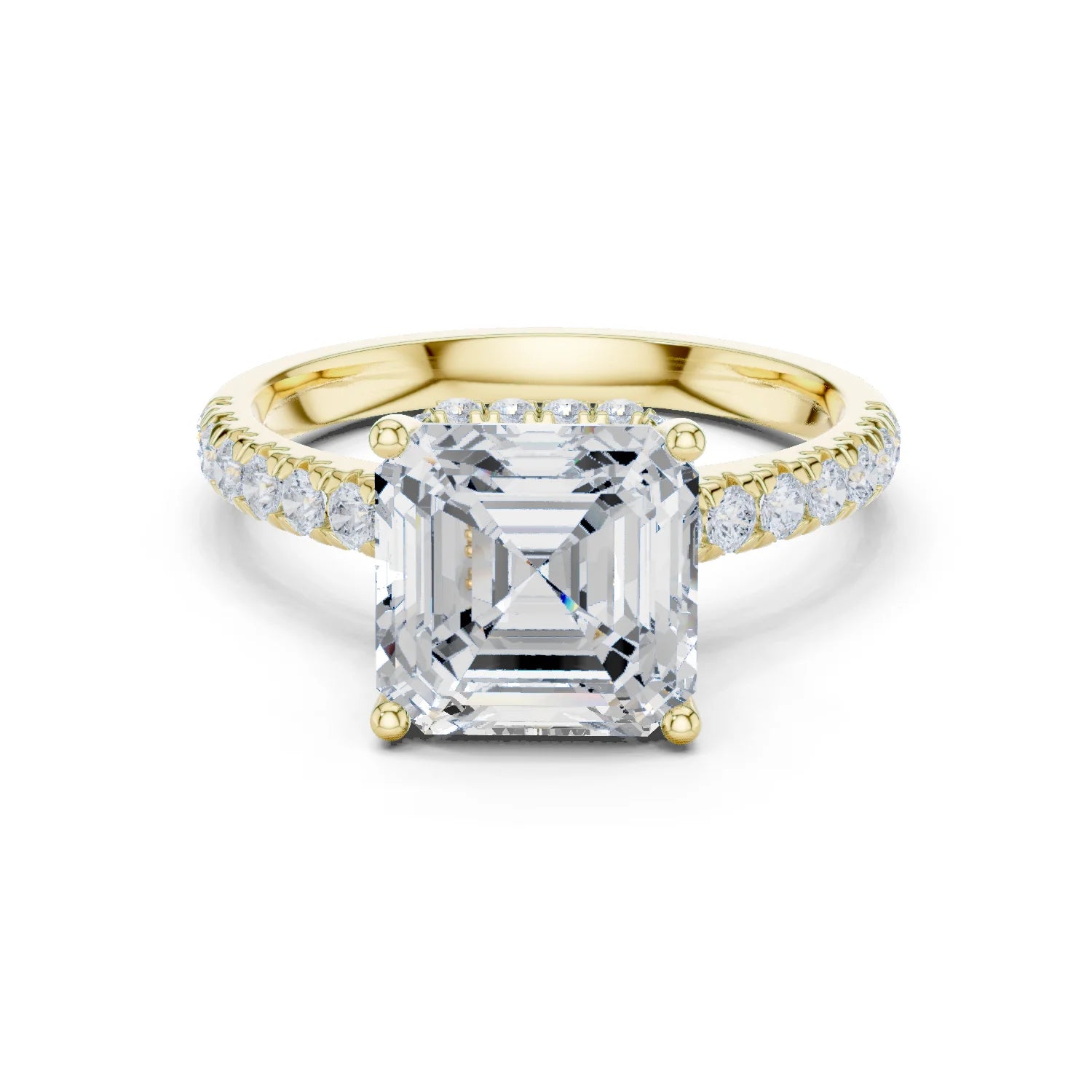 Asscher Cut Diamond Hidden Halo Engagement Ring with Pave Band
