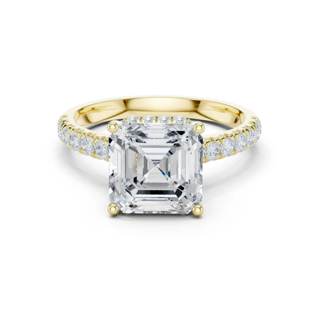 Asscher Cut Diamond Hidden Halo Engagement Ring with Pave Band