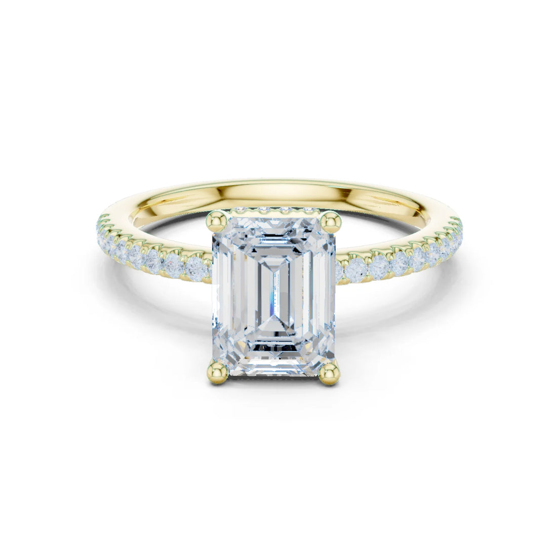 Hidden Halo Emerald Cut Diamond Engagement Ring With Pave Band
