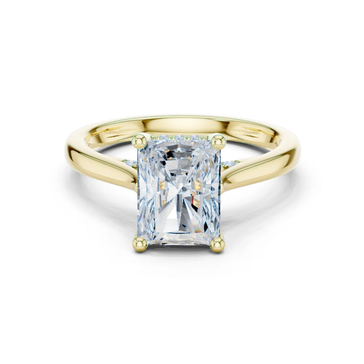 Radiant Cut Diamond Hidden Halo Engagement Ring With Cathedral Pave