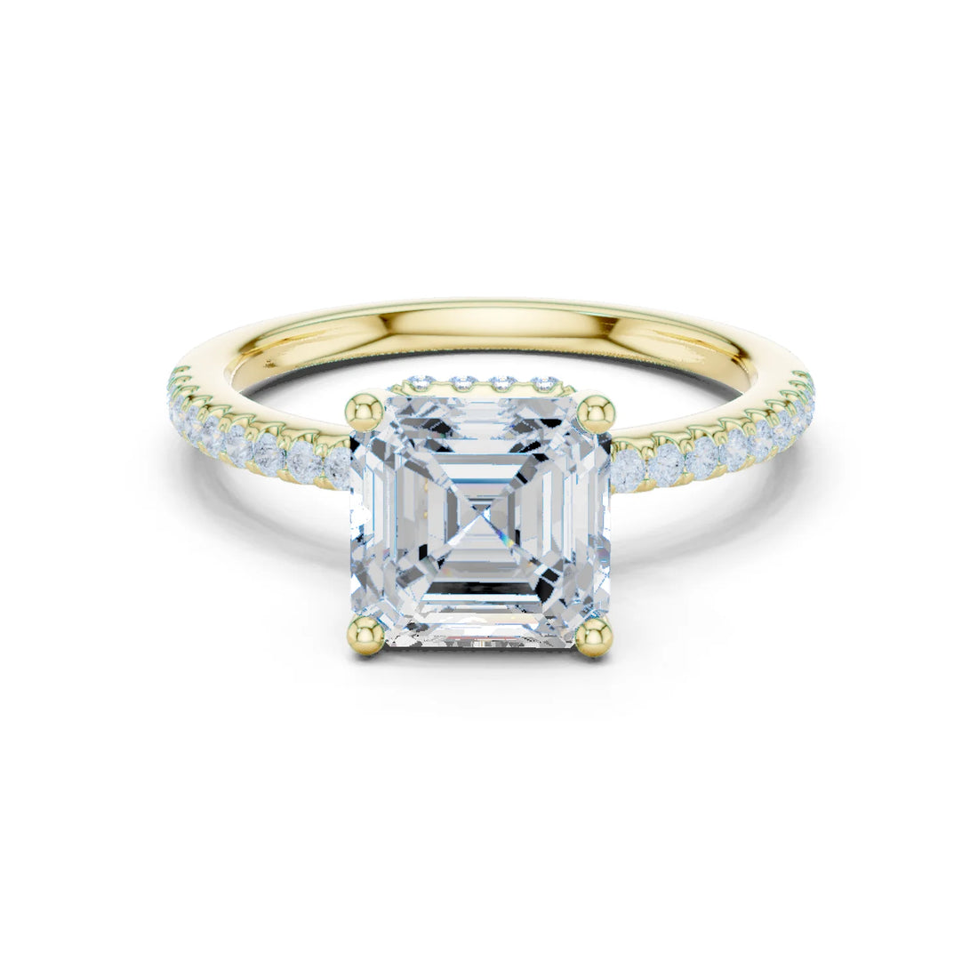Hidden Halo Asscher Cut Diamond Engagement Ring With Pave Band