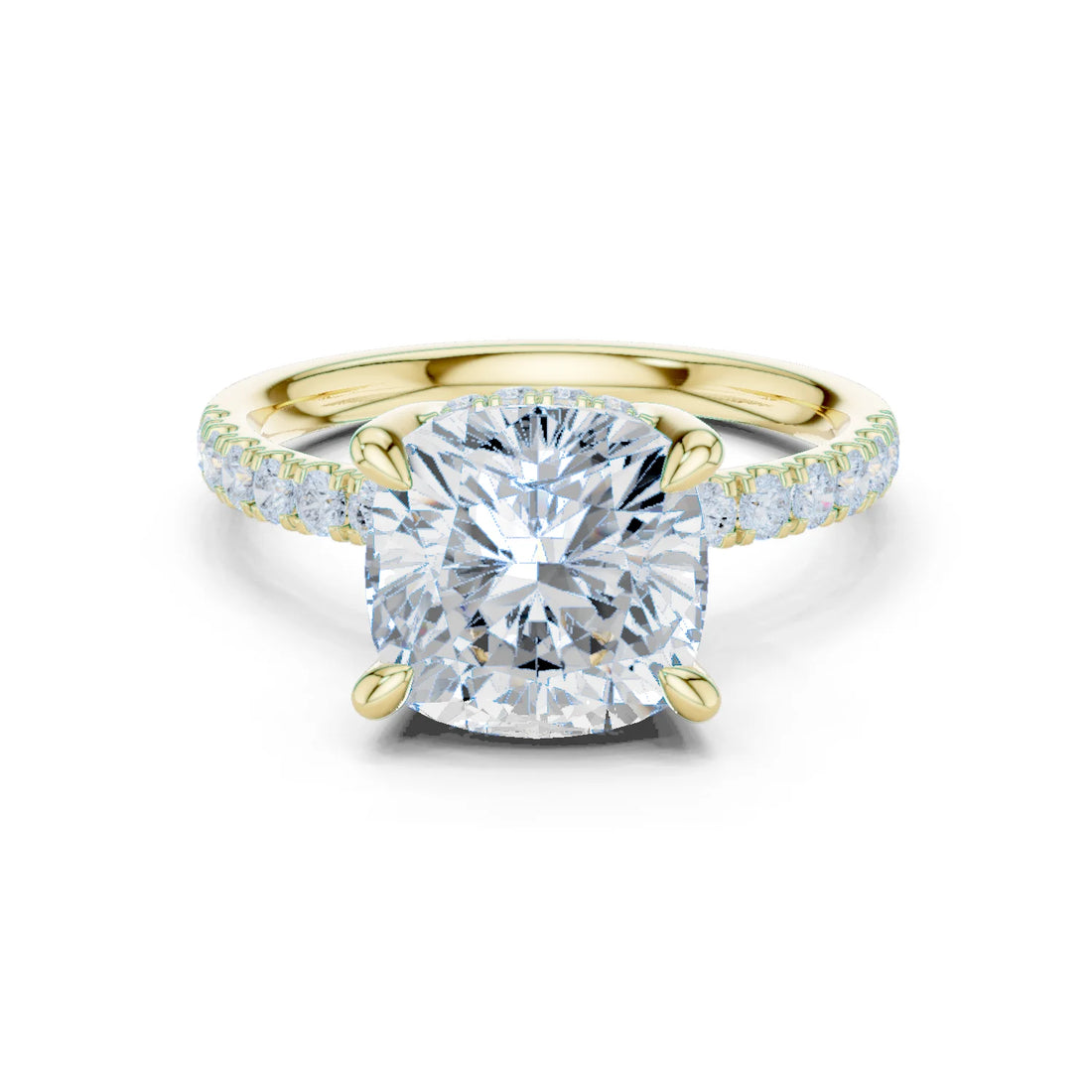 Cushion Diamond Hidden Halo Engagement Ring with Pave Band