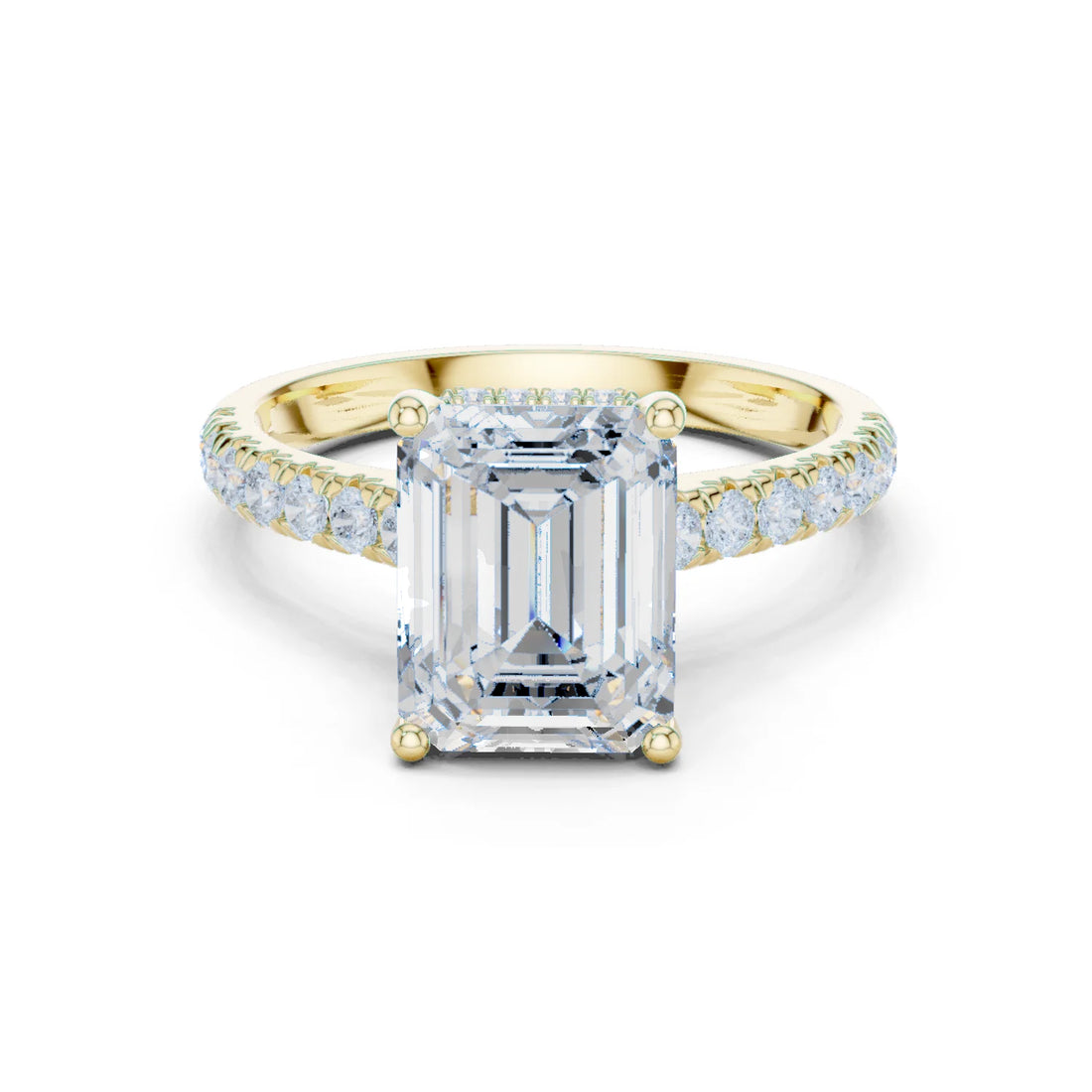 Emerald Cut Diamond Hidden Halo Engagement Ring with Pave Band
