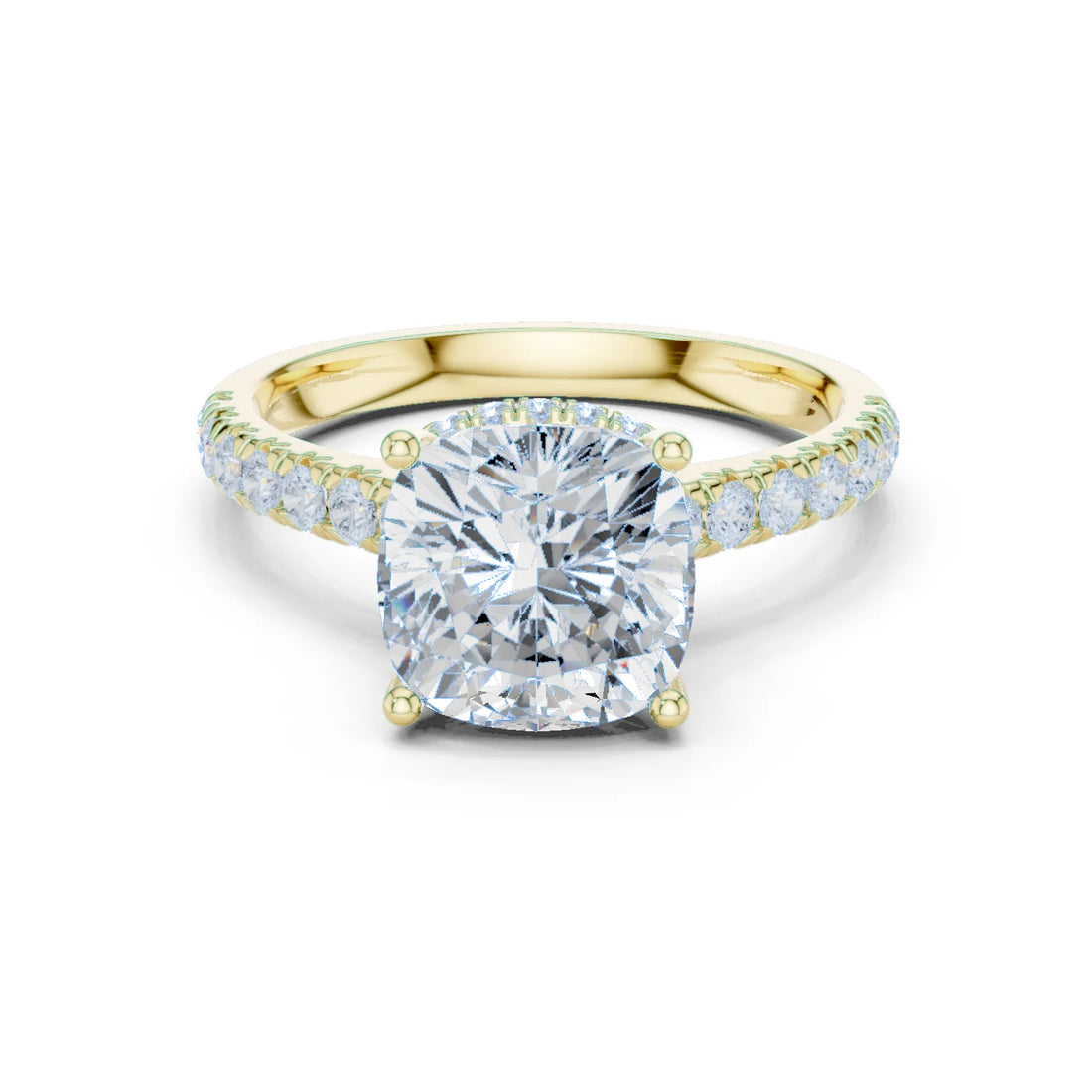 Cushion Cut Diamond Hidden Halo Engagement Ring with Pave Band