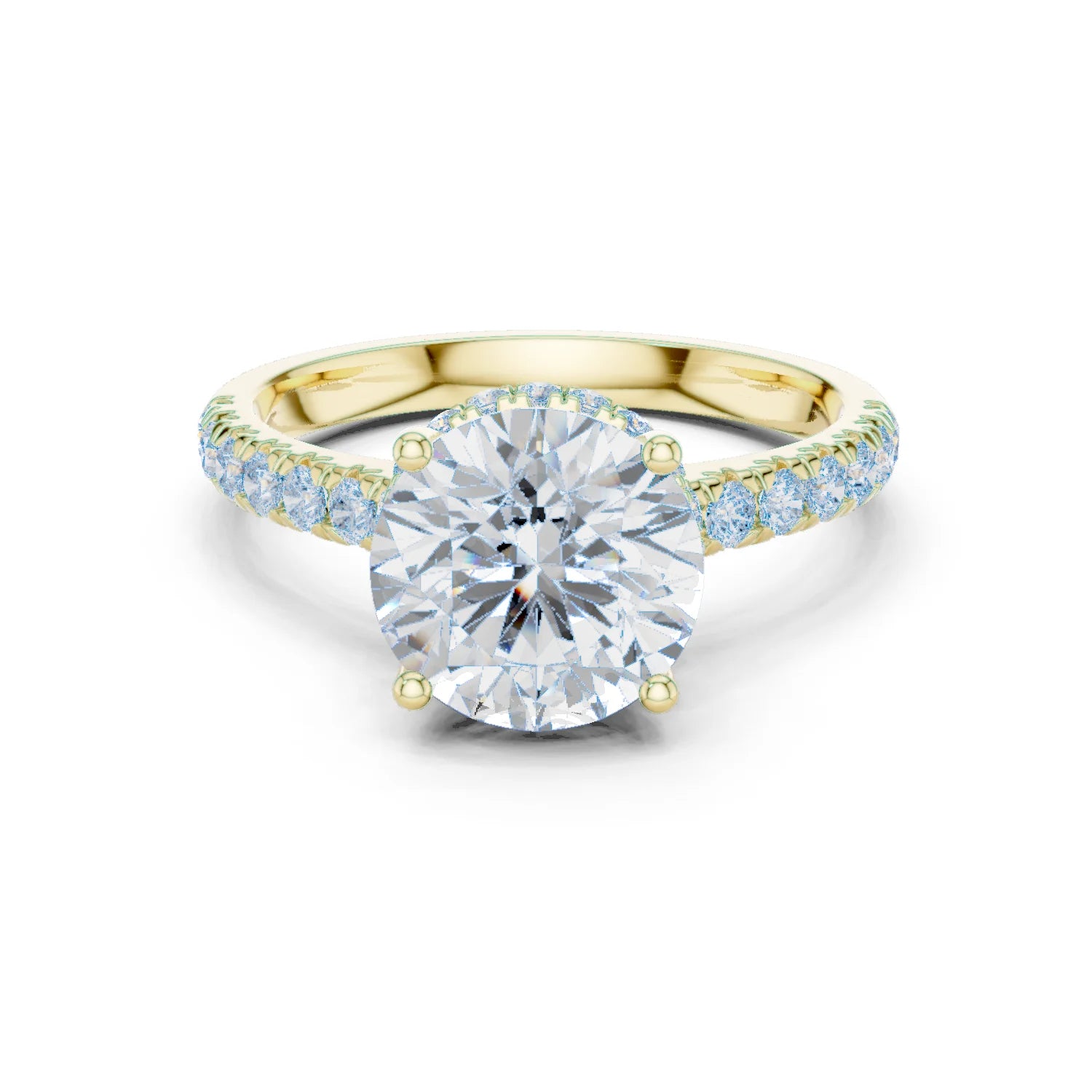 Round Cut Diamond Hidden Halo Engagement Ring with Pave Band